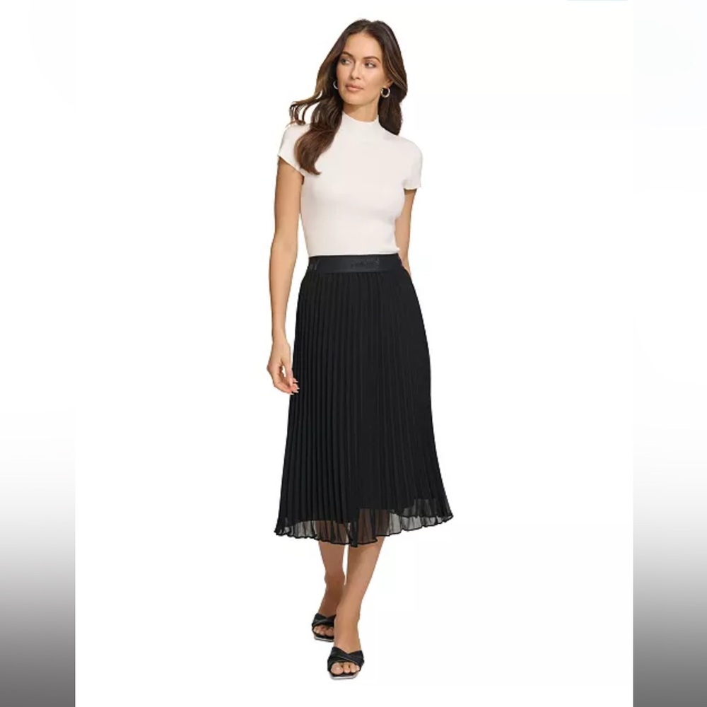 Elegant Black Pleated Pull On Accordion Skirt By DKNY Logo Waistband XL - Picture 8 of 16